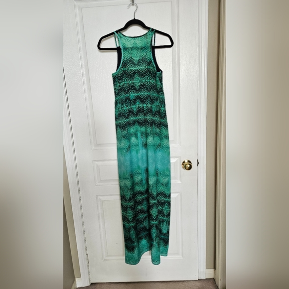 Patterned teal and navy maxi dress w tie waist detail - Picture 7 of 7